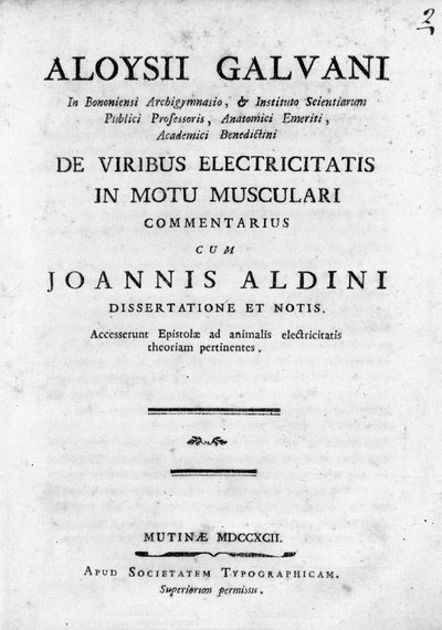 Frontispicio de "De Viribus Electricitatis in Motu Musculari Commentarius". Un tratado sobre la circulación de la electricidad en los músculos de los animales, por Luigi Galvani, físico italiano de Unknown artist