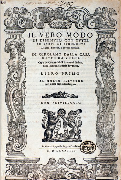 Frontispicio de "Il vero modo di diminuir" tratado sobre ornamentación de Girolamo Dalla Casa de Unknown artist