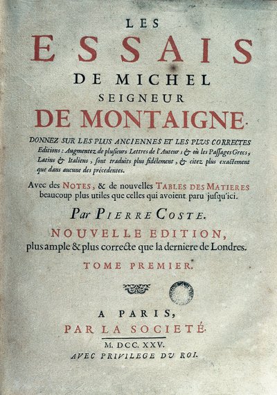 Portada de "Les essays" del escritor y humanista francés Michel de Montaigne (1533-1592). 1725 Barcelona. Biblioteca de Catalunya de Unknown artist