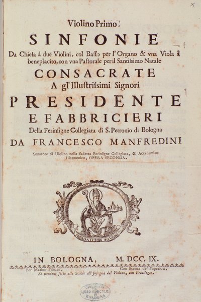 Frontispicio de partitura musical de Sinfonia da chiesa e due violini de Francesco Manfredini de Unknown artist
