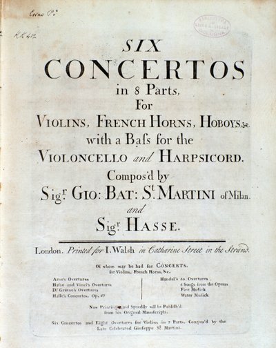 Portada de partitura musical de Seis conciertos en 8 partes de G B Sammartini y J A Hasse de Unknown artist