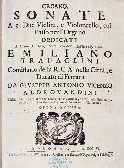 Portada de la partitura musical de "Sonata a 2 violines, violonchelo y órgano, op. 5" de Giuseppe Aldrovandini de Unknown artist
