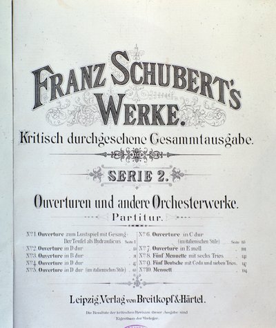 Frontispicio de partitura de varias oberturas de Franz Schubert de Unknown artist