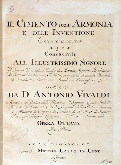 Frontispicio de partitura musical de violín en concierto V en Il cimento dell