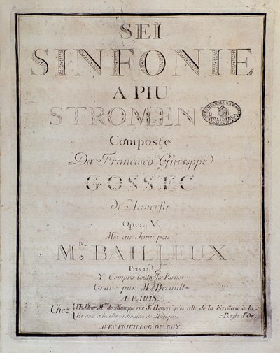 Portada de la partitura para Sei sinfonie a piu strumenti op. 5 (primera sinfonía) por François Joseph Gossec de Unknown artist
