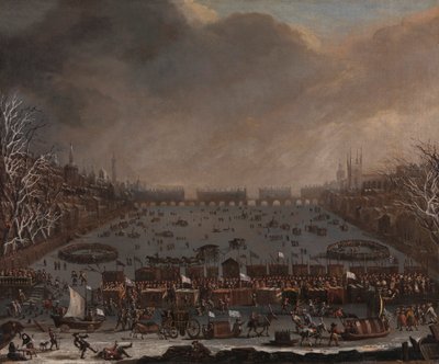 Feria de la escarcha en el Támesis, con el Viejo Puente de Londres a lo lejos de Unknown artist