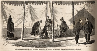 Ceremonias funerarias: después de la incineración, recolección de restos. Grabado para ilustrar el viaje a Japón en 1863-1864, por Aime Humbert, ministro de la Confederación Suiza, en “Le tour du monde, nouveau journal des voyages”, publicado bajo la direc de Unknown artist