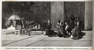 Ceremonias funerarias: servicio religioso frente al ataúd, en la casa mortuoria. Grabado para ilustrar el viaje a Japón en 1863-1864, por Aime Humbert, ministro de la Confederación Suiza, en “Le tour du monde, nouveau journal des voyages”, publicado de Unknown artist