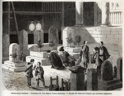 Ceremonias funerarias: tumba donde se coloca la urna cineraria. Grabado para ilustrar el viaje a Japón en 1863-1864, por Aime Humbert, ministro de la Confederación Suiza, en "Le tour du monde, nouveau journal des voyages", publicado bajo la dirección de Ed de Unknown artist