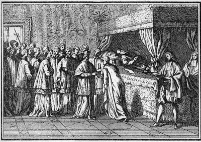 Funeral de un papa en el siglo XVIII: reconocimiento del cuerpo del papa muerto. Grabado en 