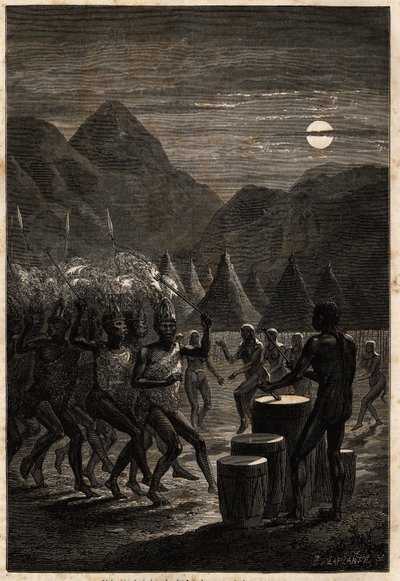 Ceremonia funeraria entre los Lakutas (tribu ubicada en la región del Alto Nilo), tambores y danzas rituales a la luz de la luna. Grabado para ilustrar el viaje al lago Alberto, en 1861-1864, de Sir Samuel White Baker, en “Le tour du monde, nouveau journal de Unknown artist