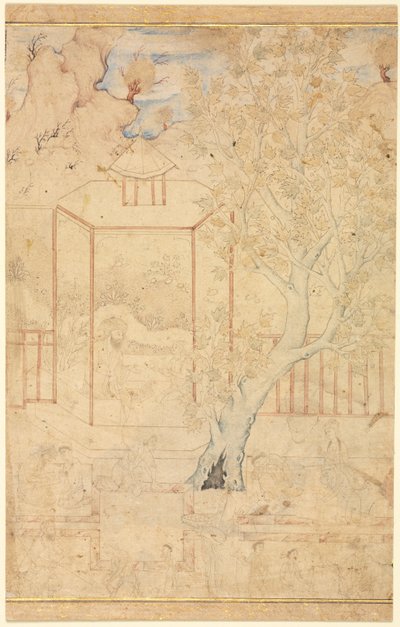Escena de Jardín con un Maestro Instruyendo a un Estudiante en un Pabellón de Unknown artist