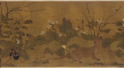Escena de Jardín: melones, berenjenas, flores y dos comadrejas de Unknown artist