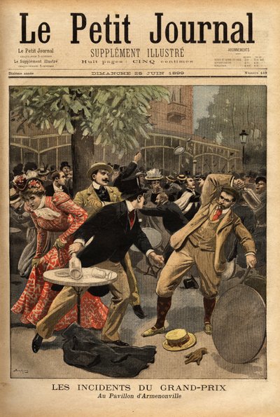 Pelea general en las carreras del Gran Premio de Longchamp, cuyo origen se debe a las declaraciones de Charles Dupuy (1851-1923), Ministro del Interior y Asuntos Religiosos, quien excitó a los ciudadanos presentes haciéndoles creer que había amenazas para  de Unknown artist