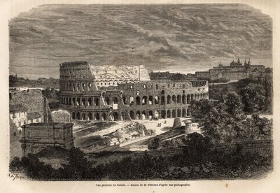 Vista general del Coliseo, en Roma, anfiteatro Flavio completado en el año 80, bajo el reinado del emperador Tito, con capacidad para 75,000 personas, permaneció en servicio hasta el siglo VI, símbolo de la Roma imperial, ubicado al este del Foro Romano de Unknown artist
