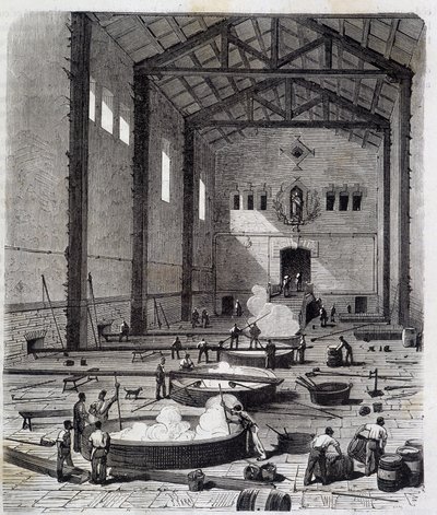 Vista general de la sala de calderas de una fábrica de jabón en Marsella: Operación de la impregnación - en “Las maravillas de la industria” de Louis Figuier, París de Unknown artist