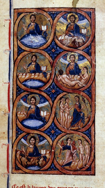 Génesis: representación de las diferentes etapas de la creación del mundo (cosmogonía). Miniatura de un manuscrito "Historia Universal" siglo XIII. Biblioteca Municipal de Dijon de Unknown artist