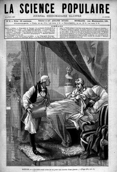 Georges Louis Leclerc Buffon en su cama, el valle arrojándole un cubo de agua helada. En “Popular Science”, 15 de abril de Unknown artist