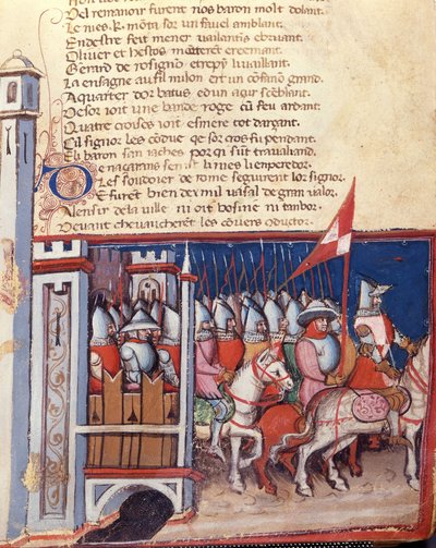 Cantar de gesta: un ejército de hombres a caballo saliendo de un castillo. Miniatura del manuscrito franco-italiano Entree d