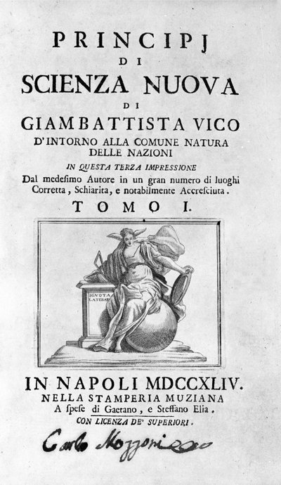 Giambattista Vico. También llamado Giovanni, Gian Battista, Jean Baptiste o Jean-Baptiste. Frontispicio de 