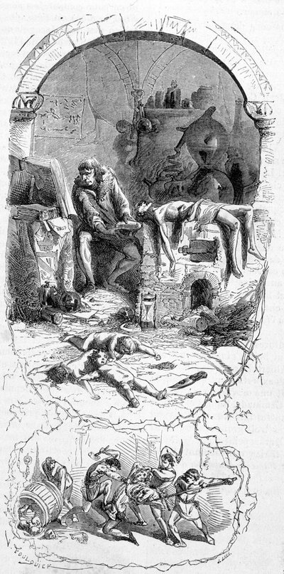 Gilles de Rais (Retz o Rays) (1404-1440) en situación: los hechiceros, para sus operaciones mágicas, compraban niños nacidos muertos (siglo XV) - grabado, s.f. de Unknown artist