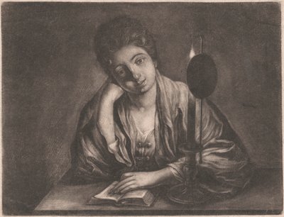Niña leyendo a la luz de las velas de Unknown artist