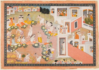 Dioses, rishis y demonios en la fiesta del nacimiento de Rama, de un Ramayana de Unknown artist