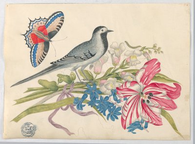 Pájaro gris en rama con tulipán, dragones y nomeolvides con mariposa de Unknown artist