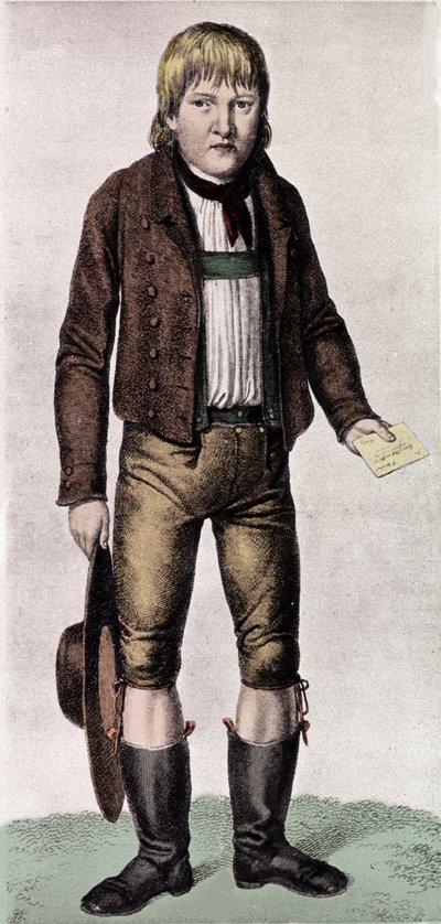 Grandes Enigmas: retrato de Gaspard (Kaspar) Hauser apodado el Huérfano de Europa en el momento de su aparición en Núremberg alrededor de los 16 años, el 26/05/1828. Se asumió de una familia ilustre, pero sus orígenes siguen siendo misteriosos. Grabado del de Unknown artist