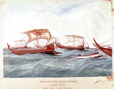 Buques de guerra griegos y etruscos (Acuarela) de Unknown artist