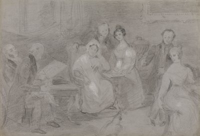 Grupo de figuras, con un hombre pintando con acuarelas y una chica repartiendo tazas de té de Unknown artist