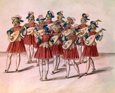 Grupo de músicos tocando laúd. Acuarela y pluma de Daniel Rabel (1578-1637) del Álbum Chateau de Bicetre. Siglo XVII. París, Museo del Louvre de Unknown artist
