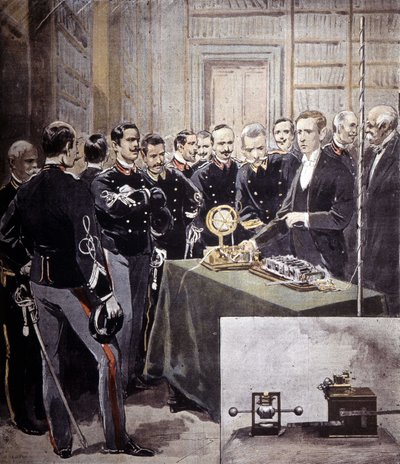 Guglielmo Marconi presentó el telégrafo inalámbrico (TSF) en una conferencia en el Ministerio de la Marina en 1897. de Unknown artist