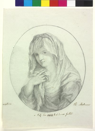 Medio cuerpo de mujer joven con sábana alrededor de la cabeza Dama con velo virgen vestal de Unknown artist