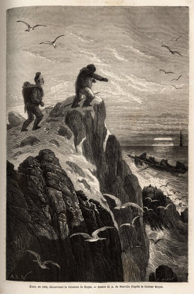Hans, un cazador que había acompañado a los doctores Hayes y Kane en una expedición anterior al Ártico, antes de abandonarlos para asentarse en un pueblo esquimal, señala el barco de Hayes con la esperanza de ser repatriado en 1860. Grabado para ilustrar e de Unknown artist