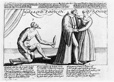 Arlequín cornudo. Serie de grabados de una obra representada en Francia hacia finales del siglo XVI sobre las desventuras amorosas de Arlequín y Franceschina de Unknown artist