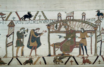 Harold, que regresó a Inglaterra, después de su embajada en el Duque Guillermo el Conquistador (1027-1087), relató su viaje al Rey Eduardo el Confesor (detalle) de Unknown artist