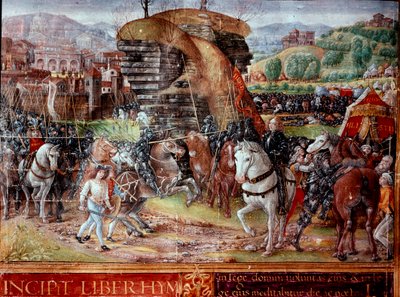 Caballeros hebreos liderados por David marchan sobre los filisteos. Miniatura del manuscrito Ms. Plut. 15/17, f. 3 