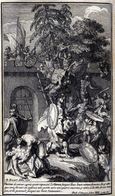 Héctor, después de empujar a los griegos de vuelta a sus trincheras, los ataca con furia, rompe una puerta con una enorme piedra, entra a la cabeza de sus tropas y los persigue hasta sus barcos. Ilustración del libro XII de la Ilíada de Homero, edición fra de Unknown artist