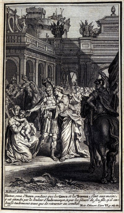 Héctor, que llegó a Troya mientras los griegos y los troyanos estaban en sus manos, fue afligido por el dolor de Andrómaca, y por el llanto de su hijo, a quien besó tiernamente antes de regresar a la batalla. Ilustración del libro VI de la Ilíada de Homero de Unknown artist