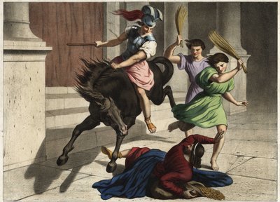 Heliodoro fue expulsado del templo: por orden de su gobernante, intentó sin éxito apoderarse de los tesoros del templo de Jerusalén. Grabado anónimo de mediados del siglo XIX. de Unknown artist