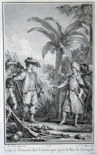 Aquí está la moneda de tributos que paga el Rey de Portugal: comercio de los portugueses en las colonias - en “Histoire philosophique et politique des établissements et du commerce des européens dans les deux Indes”, por Guillaume Thomas Raynal de Unknown artist