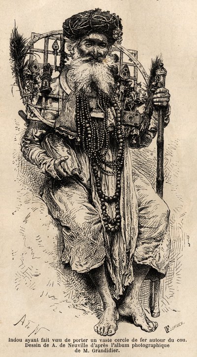 Hindú prometido a llevar un gran círculo de hierro alrededor de su cuello. Grabado para ilustrar el viaje en las provincias meridionales de la India, por Alfred Grandidier, en 1862-1864, publicado en “Le tour du monde, nouveau journal des voyages”, bajo la de Unknown artist