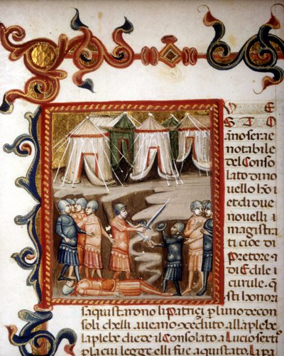 Historiae romanae decades (= grupos de 10 libros) (en francés Historia de Roma desde su fundación hasta 292 a.C.) por Tito Livio (Titus Livius) en latín (-59 - 17). Miniatura representando la conquista romana. s.d. Siglo XIV. de Unknown artist