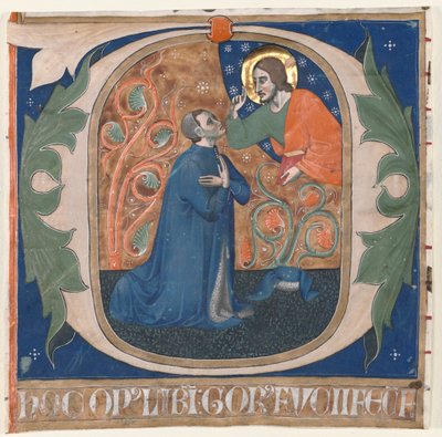 Inicial historiada (O) extraída de un antifonario: El donante, Gorus Fucci, arrodillado ante Cristo de Unknown artist
