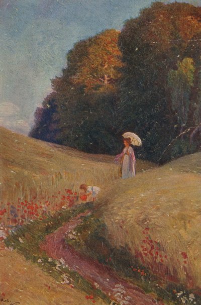 Tarjeta de felicitación histórica a partir de un cuadro, Madre e hija paseando por un prado de flores de Unknown artist
