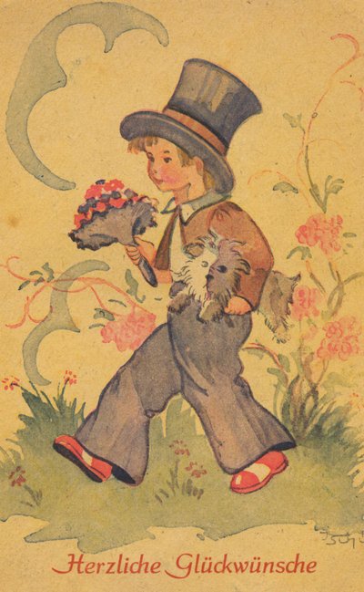 Postal histórica con un niño con un ramo de flores y un pequeño perro, tarjeta de felicitación de Unknown artist