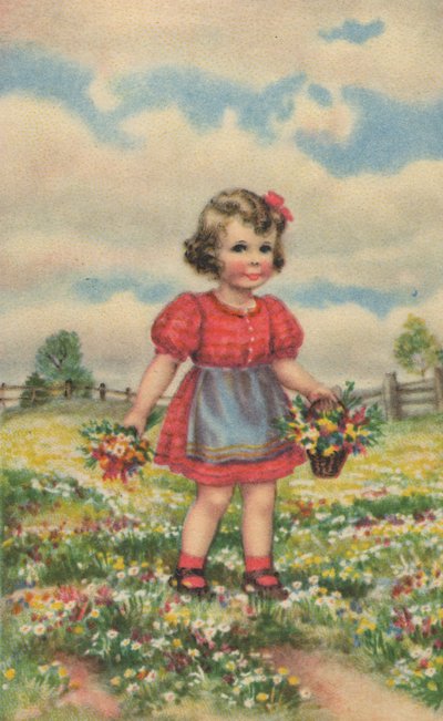 Tarjeta postal histórica con una niña feliz en la pradera, tarjeta de felicitación de Unknown artist