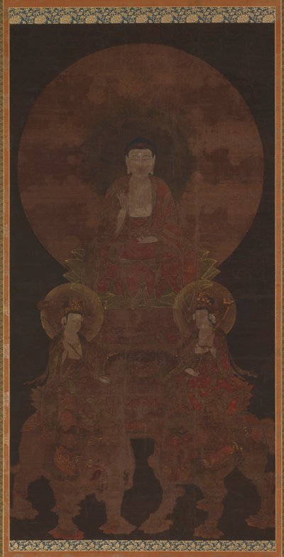 Buda histórico Shakyamuni con los bodhisattvas Fugen (Samantabhadra) y Monju (Manjushri) de Unknown artist