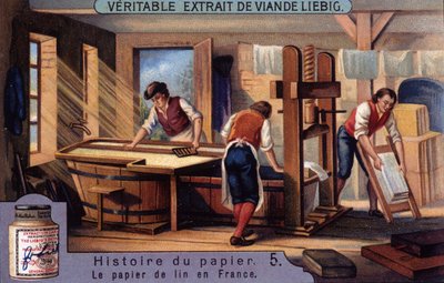 Historia del Papel. 5. Papel de lino en Francia. Cromolitografía de Liebig de Unknown artist